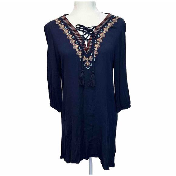 Size Large Floral Embroidered Peasant Dress Boho Blue Mini Stretch Tassels 3/4 - Picture 1 of 8